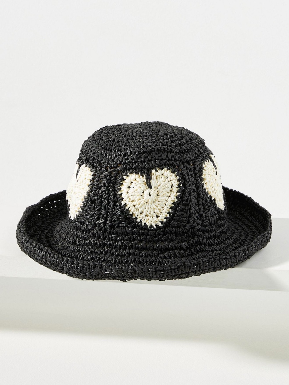Anthropologie Black Crochet Bucket Hat with Cream Heart Motifs